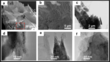 click to enlarge SEM and TEM images showing layered structure with stacked fibrous sheets at various magnifications from micrometers to nanometers